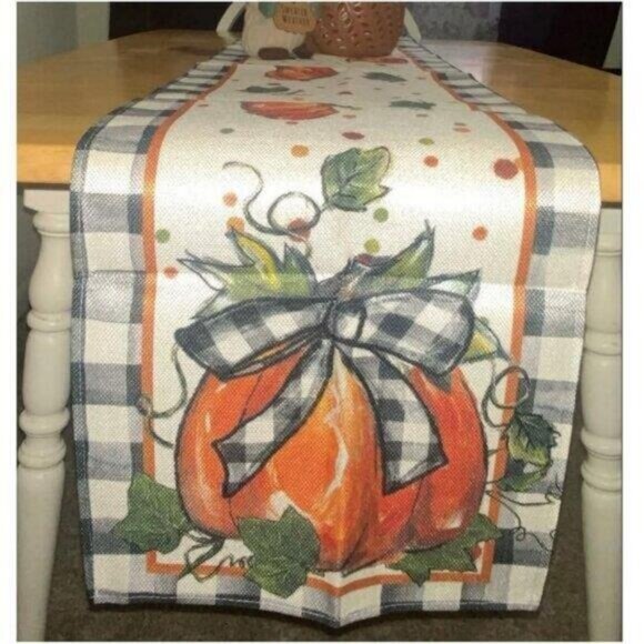 Pumpkin Table Runner Long Plaid Decorative Cloth Fall Thanksgiving Decor 13x120 - Picture 7 of 8